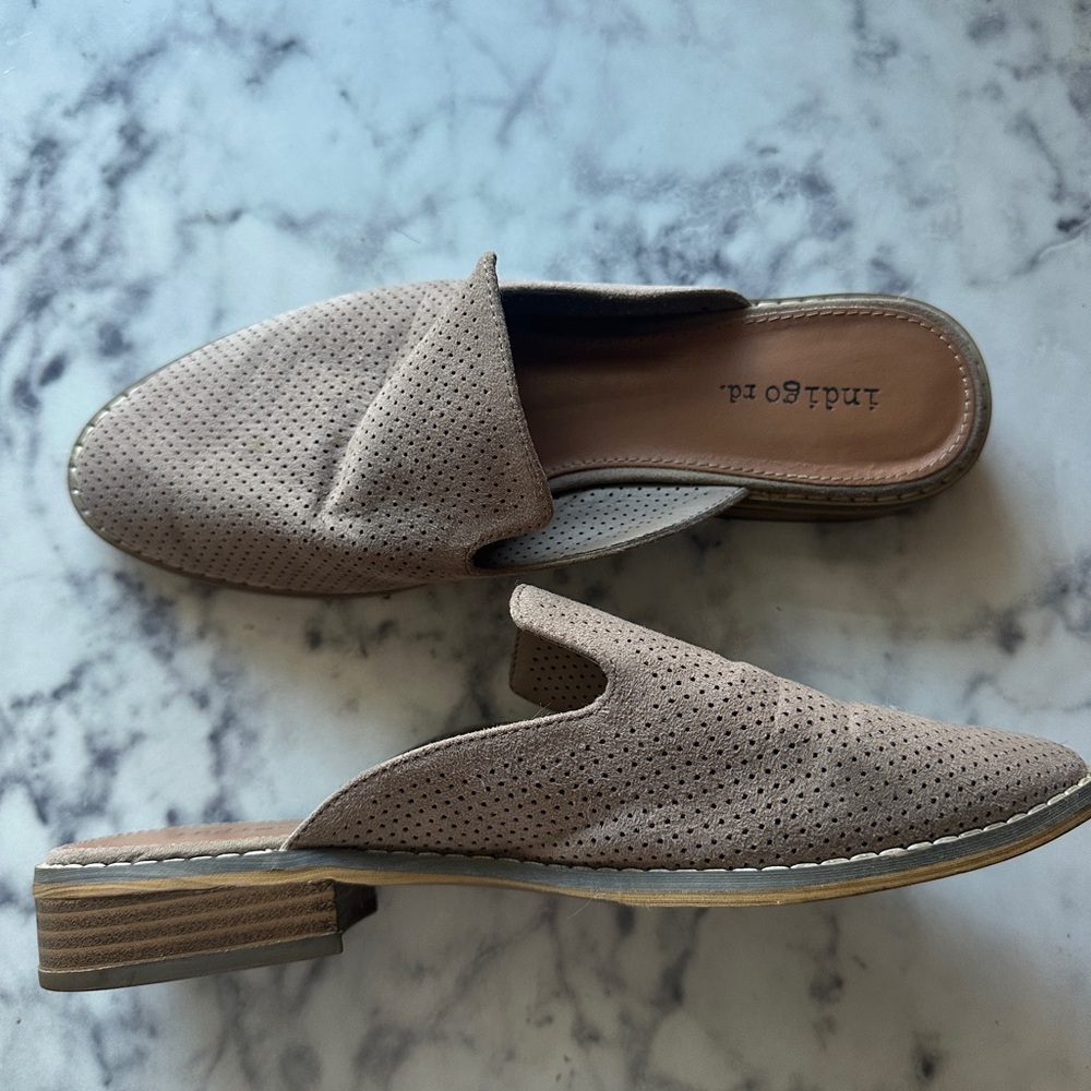Indigo Tan Perforated Mules
